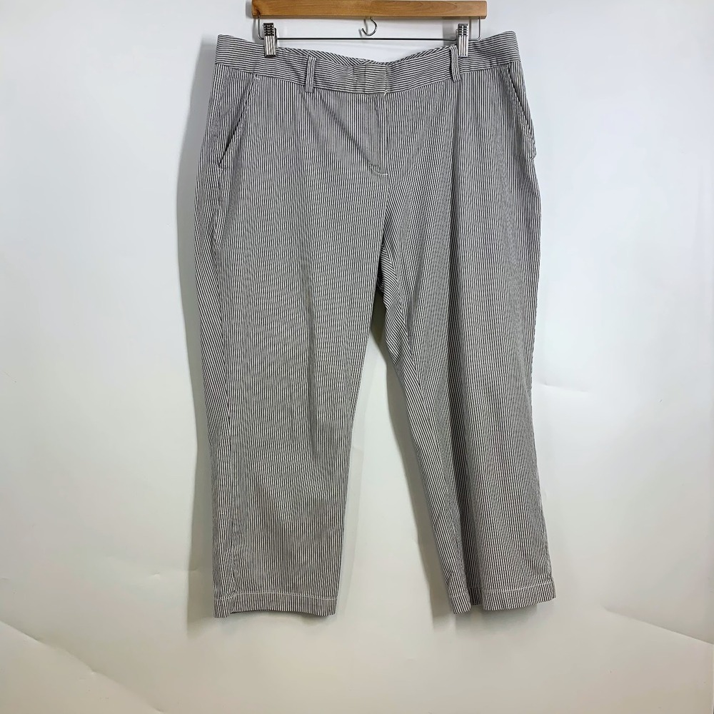 Lands End Womens Fit 1 Stripe Seersucker Pants Size 16 Navy White Cropped Casual